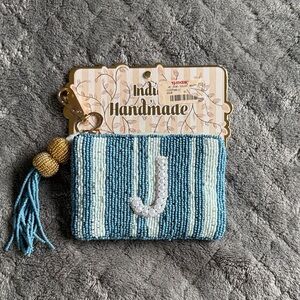 Handmade Blue and Gold Beaded Keychain Pouch